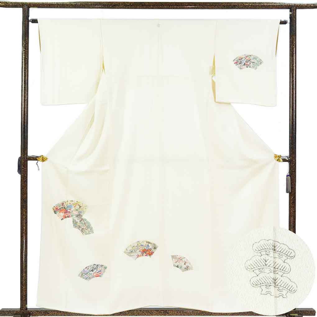 訪問着 リサイクル着物 身丈159cm 裄63cm 前幅24cm 後幅28cm 袖丈47cm 袖幅32cm レディース 袷 扇面 裄Mサイズ 秋冬春用 正絹（シルク）ホワイト やや難 リメイク リユース【ランクB】