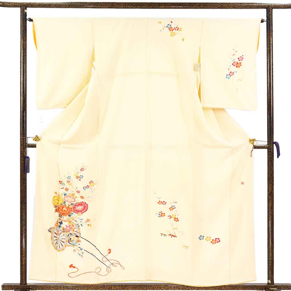 訪問着 リサイクル着物 身丈160cm 裄65cm 前幅24cm 後幅29cm 袖丈56cm 袖幅32cm レディース 袷 花柄 裄Mサイズ 秋冬春用 正絹（シルク）オレンジ 美品 リメイク リユース【ランクA】