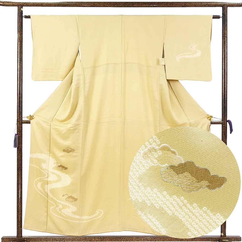 訪問着 リサイクル着物 身丈156cm 裄62cm 前幅24cm 後幅29cm 袖丈47cm 袖幅32cm レディース 袷 鹿の子 裄Sサイズ 秋冬春用 正絹（シルク）ブラウン やや難 リメイク リユース【ランクB】