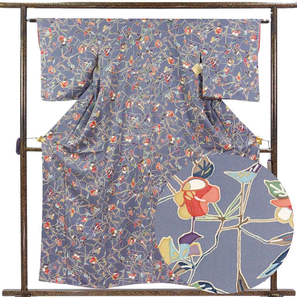 小紋 リサイクル着物 身丈157cm 裄63cm 前幅23cm 後幅28.5cm 袖丈49cm 袖幅32cm レディース 袷 花柄 裄Mサイズ 秋冬春用 正絹（シルク）グレー 美品 リメイク リユース【ランクA】