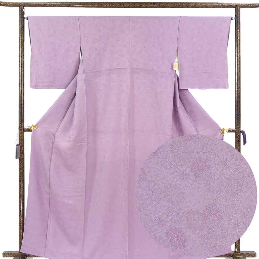 色無地 リサイクル着物 身丈164cm 裄66cm 前幅25cm 後幅30cm 袖丈49cm 袖幅32cm レディース 袷 無地 裄長 裄M-Lサイズ 秋冬春用 正絹（シルク）パープル トールサイズ 未使用品 リメイク リユース【ランクS】