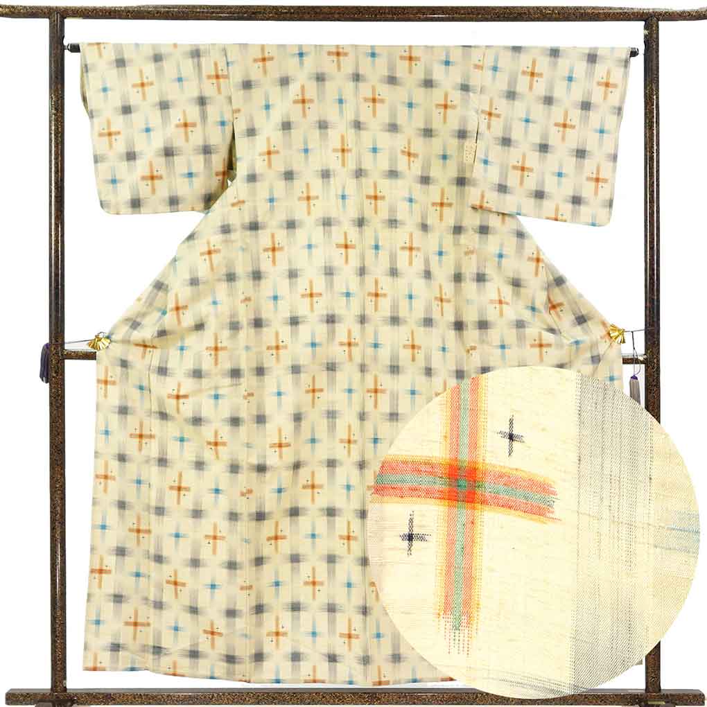 紬 リサイクル着物 身丈159cm 裄64cm 前幅25cm 後幅30cm 袖丈45cm 袖幅33.5cm レディース 単衣 絣模様 裄Mサイズ 初夏・初秋用 正絹（シルク）ブラウン 美品 リメイク リユース【ランクA】