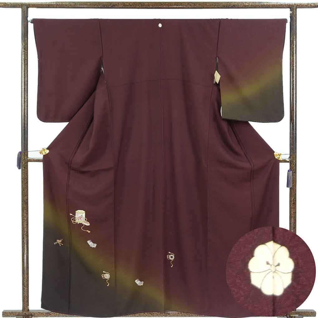 付下 リサイクル着物 身丈160cm 裄66cm 前幅24.5cm 後幅30.5cm 袖丈56cm 袖幅34cm レディース 袷 貝桶 裄長 裄M-Lサイズ 秋冬春用 正絹（シルク）パープル 未使用品 リメイク リユース【ランクS】