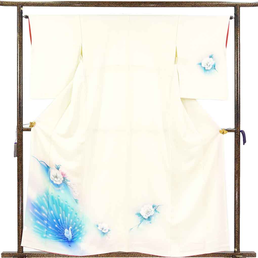 訪問着 リサイクル着物 身丈160cm 裄65cm 前幅23cm 後幅30cm 袖丈56cm 袖幅32.5cm レディース 袷 孔雀 裄Mサイズ 秋冬春用 正絹（シルク）ホワイト やや難 リメイク リユース【ランクB】
