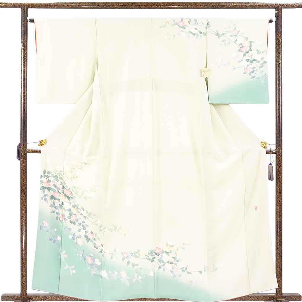 訪問着 リサイクル着物 身丈161cm 裄64cm 前幅24cm 後幅30cm 袖丈49cm 袖幅33cm レディース 袷 花柄 裄Mサイズ 秋冬春用 正絹（シルク）グリーン やや難 峰山和生 リメイク リユース【ランクB】