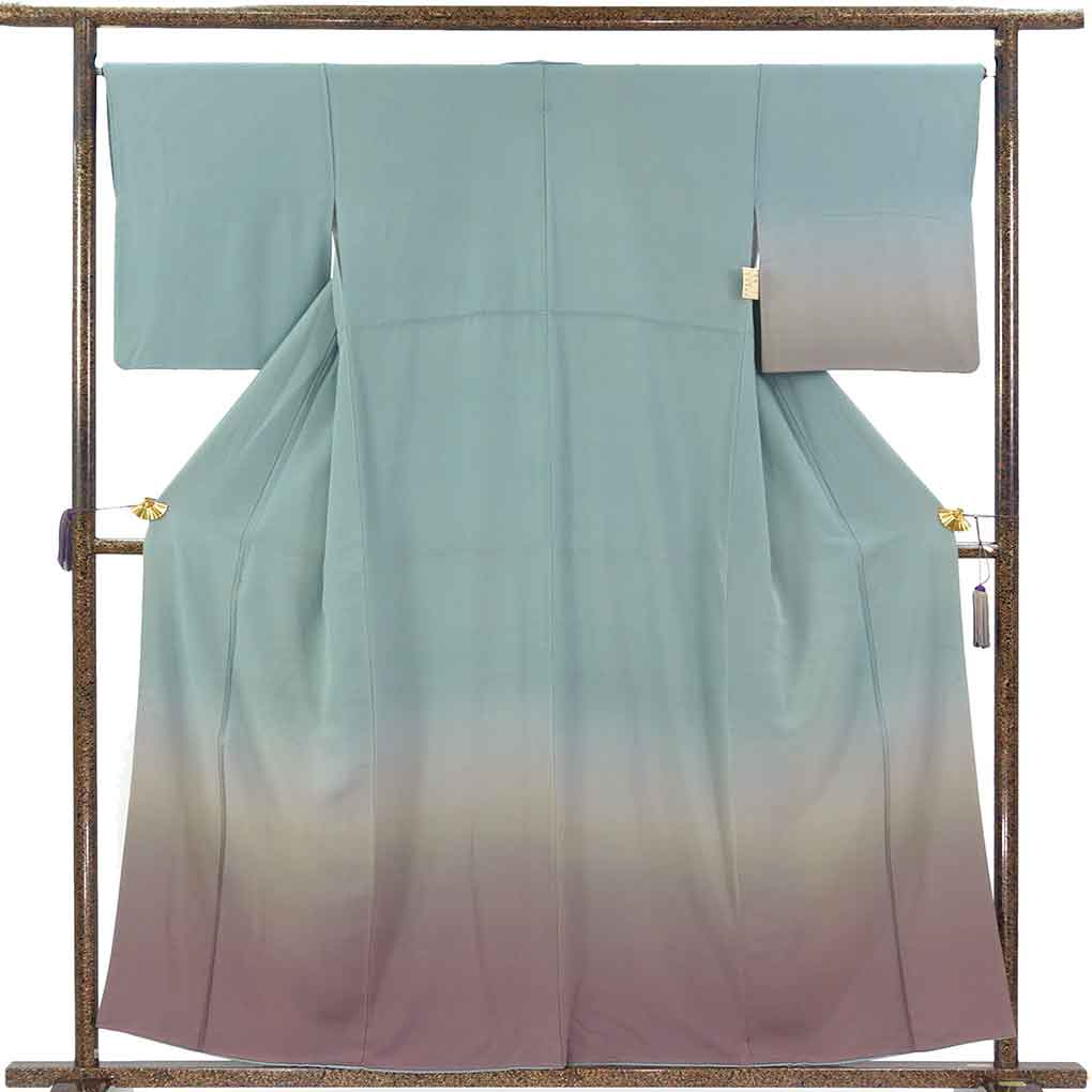 付下 リサイクル着物 身丈160cm 裄66cm 前幅26cm 後幅31cm 袖丈48cm 袖幅33cm レディース 袷 裾ぼかし 裄長 裄M-Lサイズ 秋冬春用 正絹（シルク）ブルー やや難 リメイク リユース【ランクB】