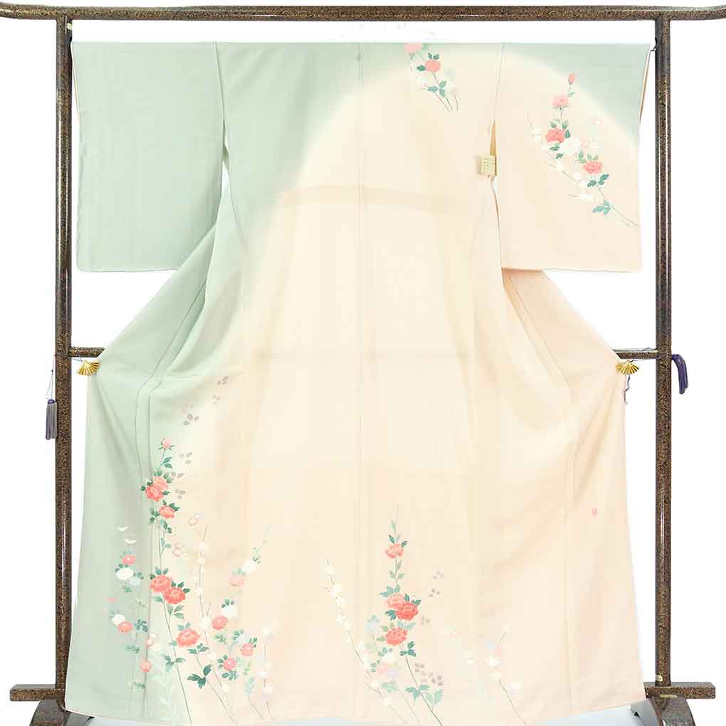 訪問着 リサイクル着物 身丈168cm 裄68cm 前幅25cm 後幅30cm 袖丈56cm 袖幅34cm レディース 袷 花柄 裄長 裄Lサイズ 秋冬春用 正絹（シルク）グリーン トールサイズ 未使用品 作家もの リメイク リユース【ランクS】