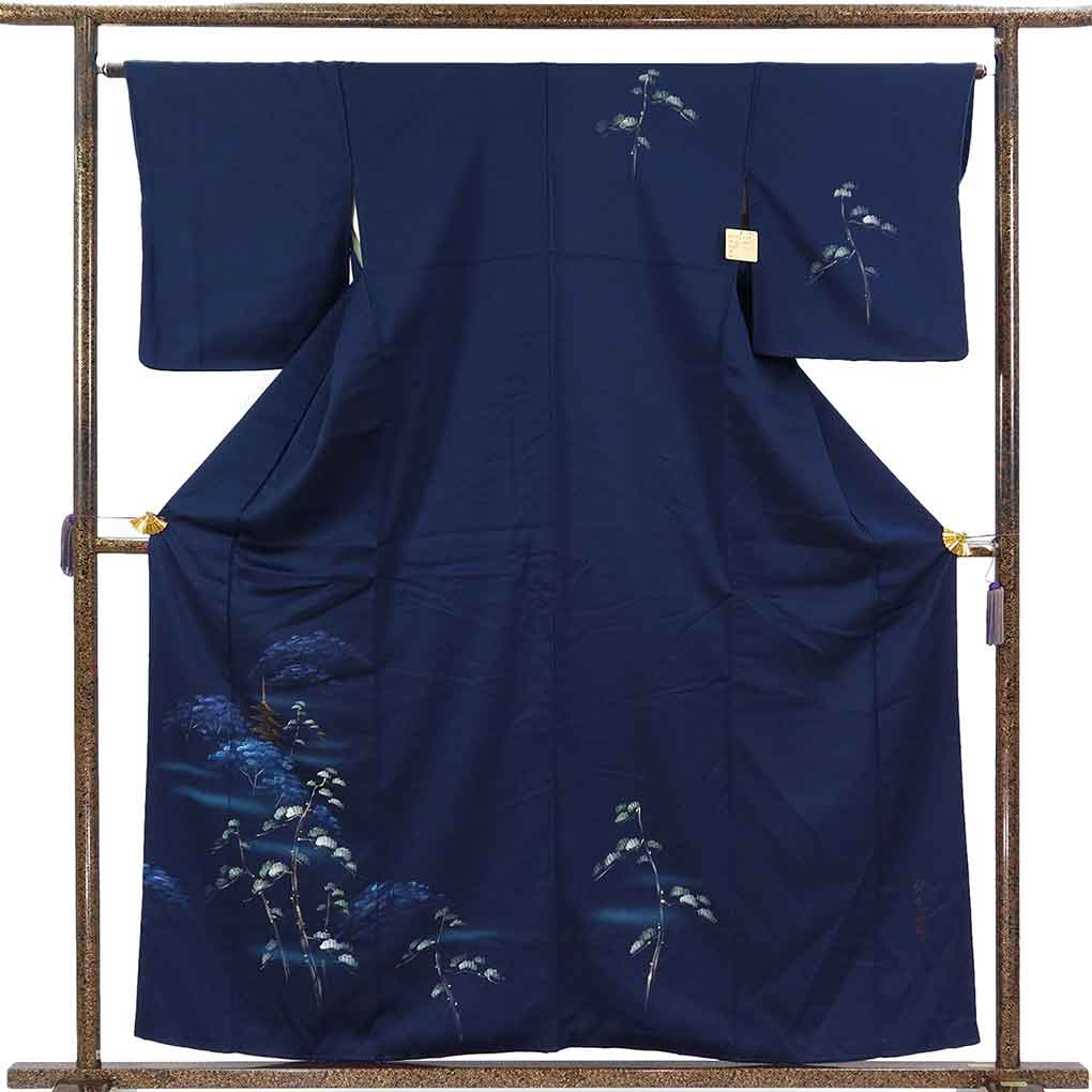 訪問着 リサイクル着物 身丈159cm 裄64cm 前幅23cm 後幅28.5cm 袖丈49cm 袖幅32cm レディース 袷 三重塔 裄Mサイズ 秋冬春用 正絹（シルク）ネイビー 美品 リメイク リユース【ランクA】