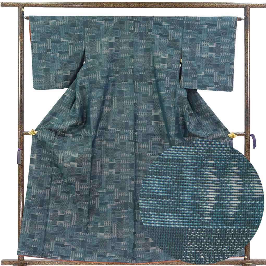 紬 リサイクル着物 身丈160cm 裄64cm 前幅26cm 後幅31cm 袖丈49cm 袖幅33cm レディース 袷 連続模様 裄Mサイズ 秋冬春用 正絹（シルク）ブルー 未使用品 リメイク リユース【ランクS】