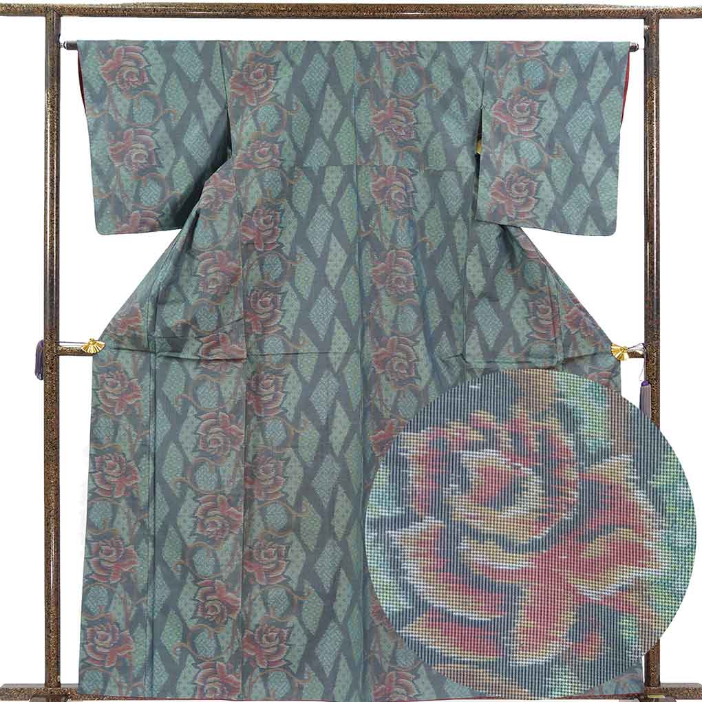紬 リサイクル着物 身丈164cm 裄64cm 前幅23cm 後幅30cm 袖丈49cm 袖幅33cm レディース 袷 薔薇柄 裄Mサイズ 秋冬春用 正絹（シルク）ブルー トールサイズ 美品 大島紬 リメイク リユース【ランクA】
