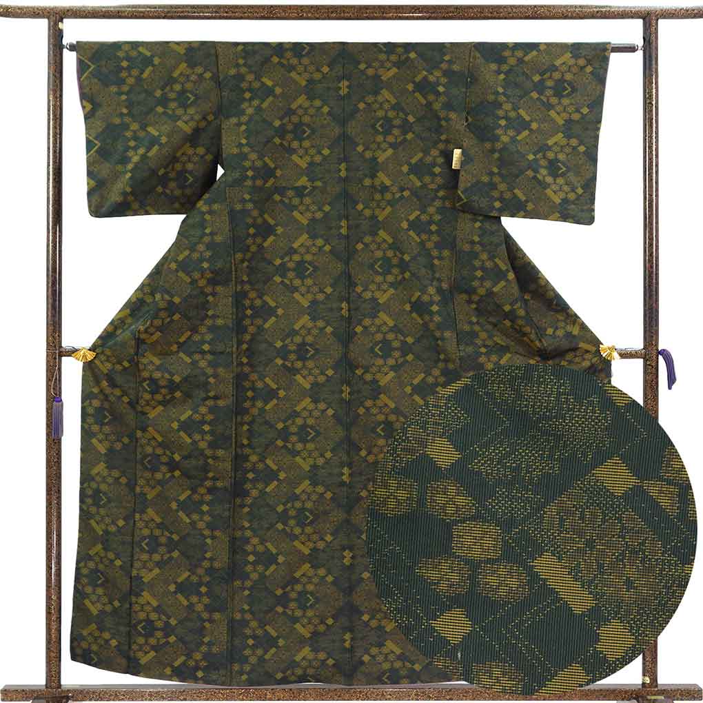 紬 リサイクル着物 身丈159cm 裄62cm 前幅24cm 後幅29cm 袖丈46cm 袖幅32cm レディース 袷 抽象柄 裄Sサイズ 秋冬春用 正絹（シルク）ブラック 美品 大島紬 リメイク リユース【ランクA】