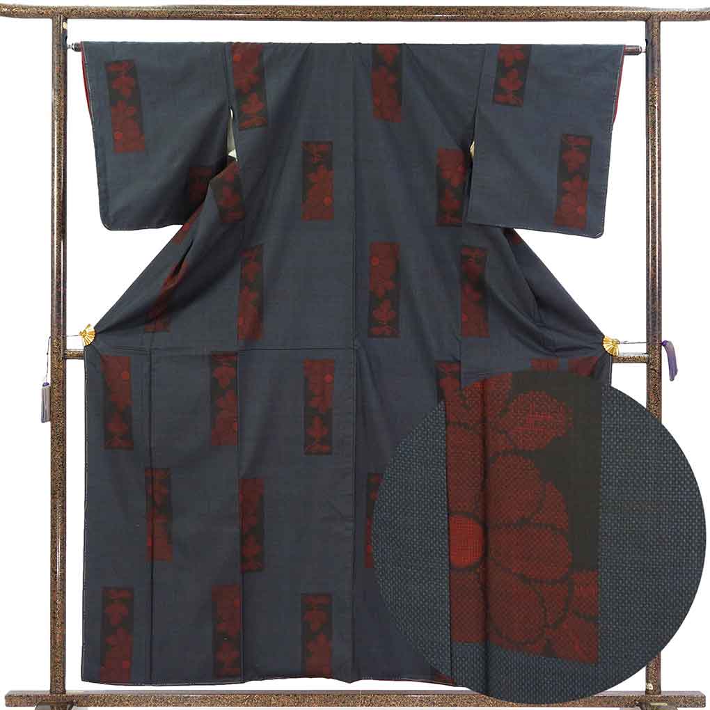 紬 リサイクル着物 身丈160cm 裄65cm 前幅23cm 後幅28.5cm 袖丈49cm 袖幅32cm レディース 袷 花柄 裄Mサイズ 秋冬春用 正絹（シルク）ネイビー 未使用品 リメイク リユース【ランクS】