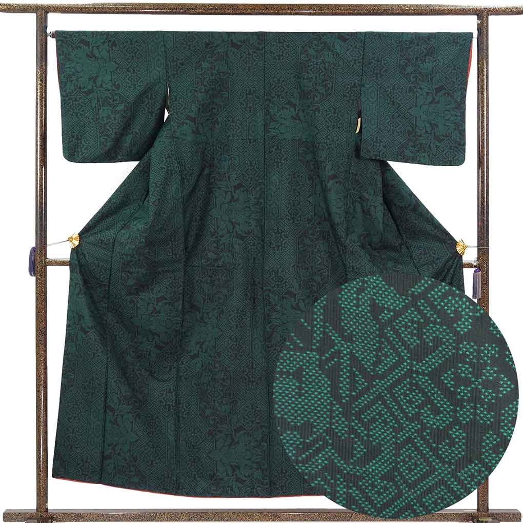 紬 リサイクル着物 身丈155cm 裄66cm 前幅24.5cm 後幅30.5cm 袖丈45cm 袖幅34cm レディース 袷 連続模様 裄長 裄M-Lサイズ 秋冬春用 正絹（シルク）ブラック 美品 大島紬 リメイク リユース【ランクA】
