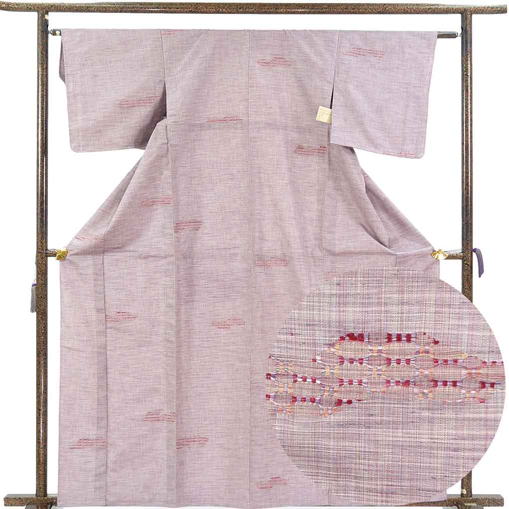 紬 リサイクル着物 身丈163cm 裄62cm 前幅24cm 後幅28.5cm 袖丈45cm 袖幅32cm レディース 単衣 抽象柄 裄Sサイズ 初夏・初秋用 正絹（シルク）パープル 未使用品 リメイク リユース【ランクS】