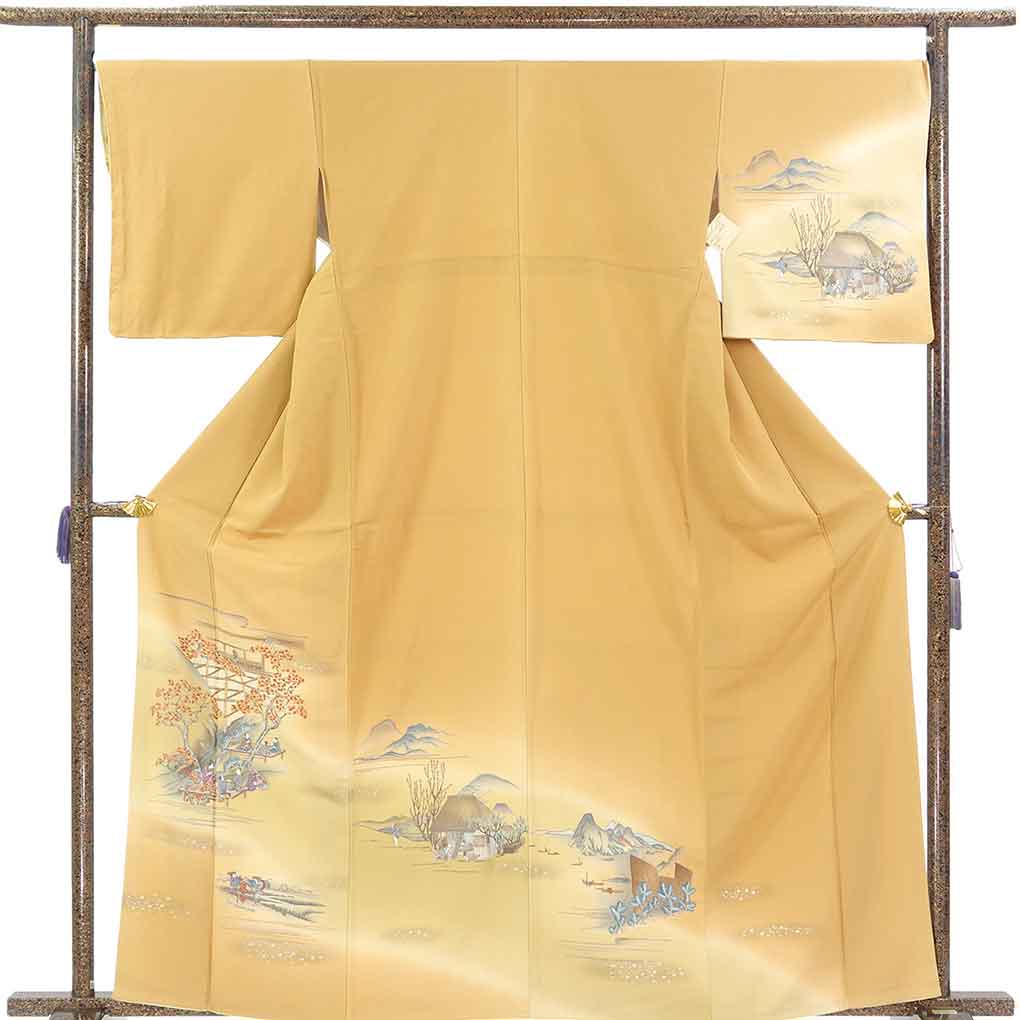 訪問着 リサイクル着物 身丈165cm 裄68cm 前幅23cm 後幅30cm 袖丈48cm 袖幅34cm レディース 袷 風景画 裄長 裄Lサイズ 秋冬春用 正絹（シルク）ブラウン トールサイズ 未使用品 リメイク リユース【ランクS】