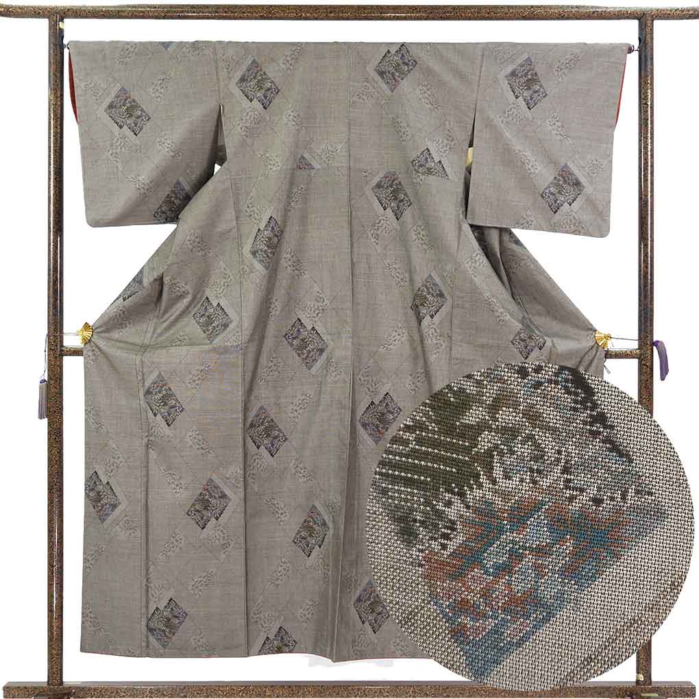 紬 リサイクル着物 身丈156cm 裄66cm 前幅25cm 後幅30cm 袖丈49cm 袖幅33cm レディース 袷 花柄 裄長 裄M-Lサイズ 秋冬春用 正絹（シルク）ブラウン 美品 大島紬 リメイク リユース【ランクA】