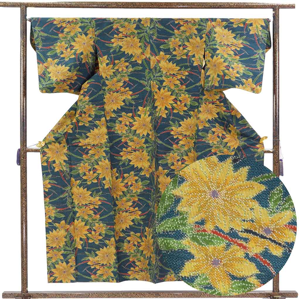 紬 リサイクル着物 身丈157cm 裄66cm 前幅24cm 後幅30cm 袖丈49cm 袖幅33cm レディース 単衣 花柄 裄長 裄M-Lサイズ 初夏・初秋用 正絹（シルク）ネイビー 美品 リメイク リユース【ランクA】