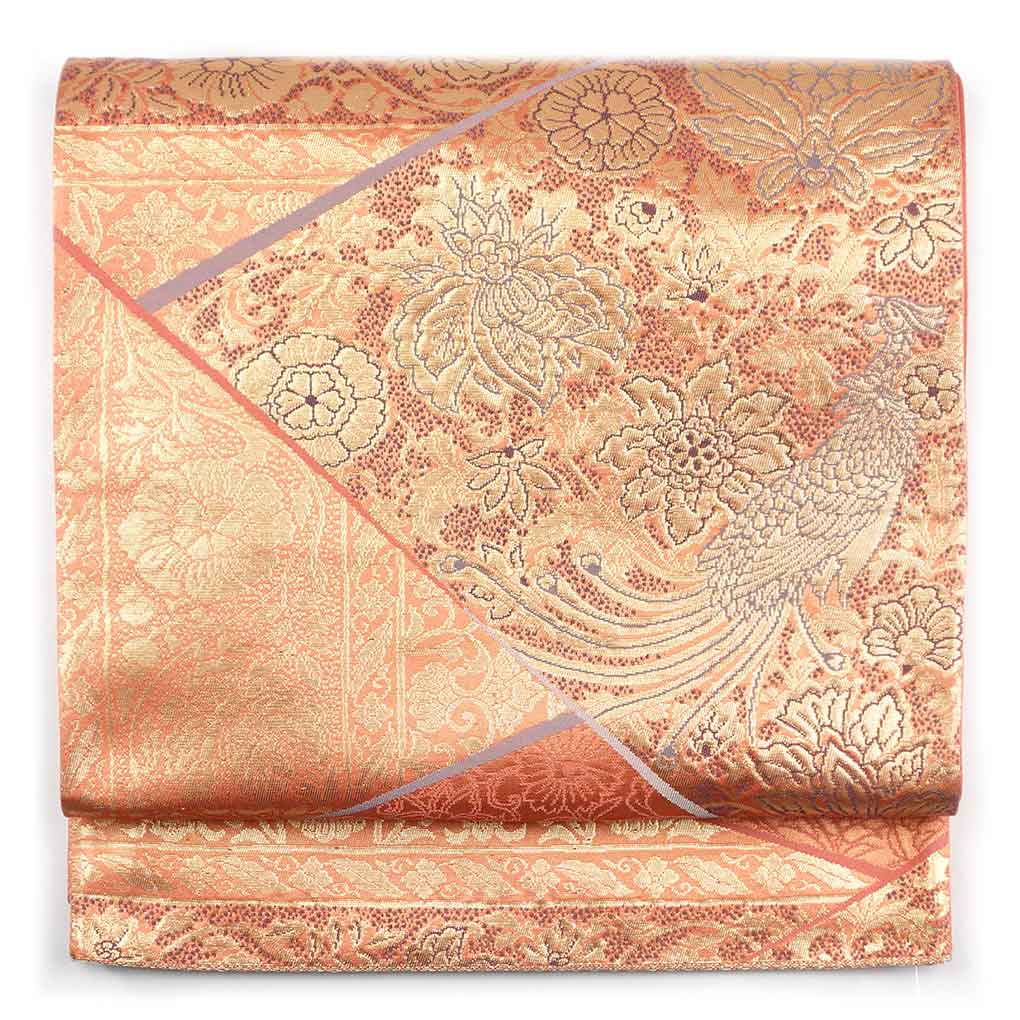 袋帯 リサイクル帯 幅31cm 長さ430cm レディース 花柄 秋冬春用 正絹（シルク）オレンジ 美品 リメイク リユース【ランクA】