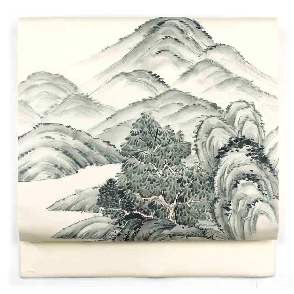名古屋帯 リサイクル帯 幅30cm 長さ353cm レディース 風景画 秋冬春用 正絹（シルク）ホワイト 美品 塩瀬 リメイク リユース【ランクA】