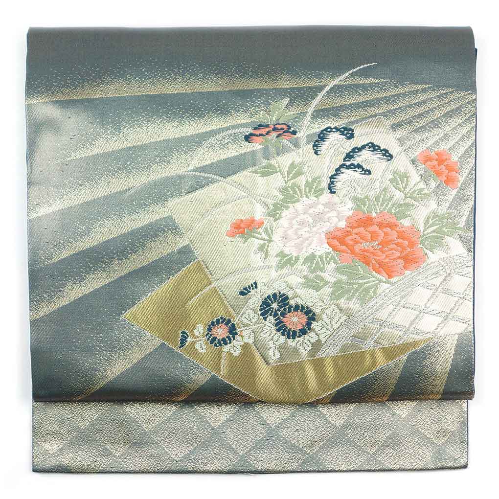 名古屋帯 リサイクル帯 幅30.5cm 長さ353cm レディース 花柄 秋冬春用 正絹（シルク）ゴールド 美品 リメイク リユース【ランクA】