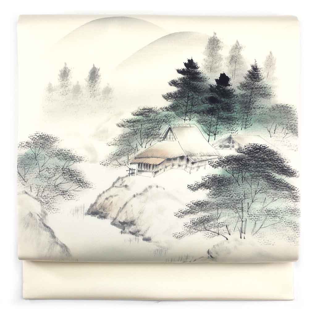 名古屋帯 リサイクル帯 幅31cm 長さ370cm レディース 風景画 秋冬春用 正絹（シルク）ホワイト 美品 塩瀬 リメイク リユース【ランクA】