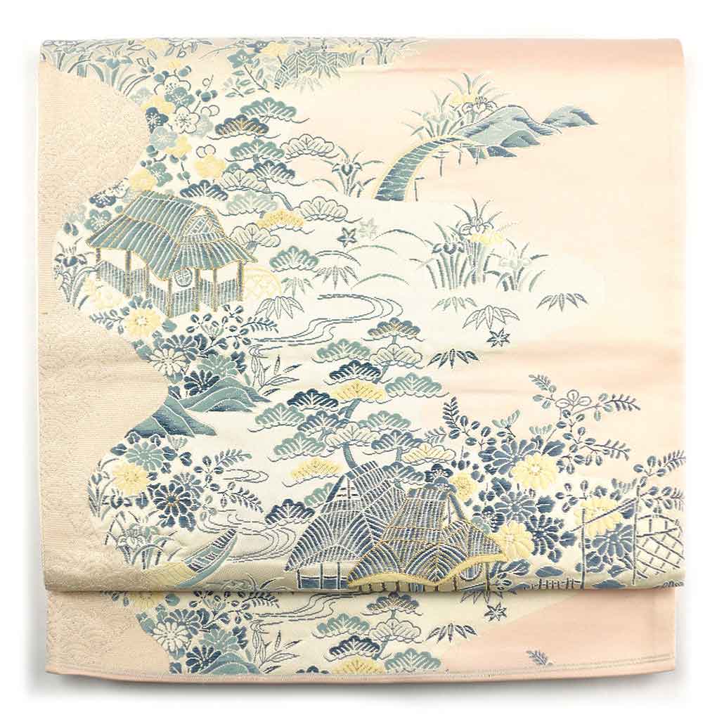 袋帯 リサイクル帯 幅31cm 長さ428cm レディース 風景画 秋冬春用 正絹（シルク）ピンク 美品 リメイク リユース【ランクA】