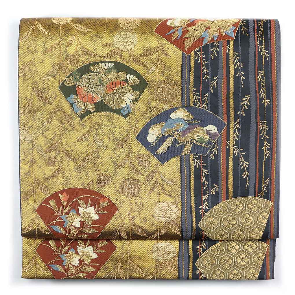袋帯 リサイクル帯 幅31cm 長さ440cm レディース 扇面 秋冬春用 正絹（シルク）ゴールド 美品 リメイク リユース【ランクA】