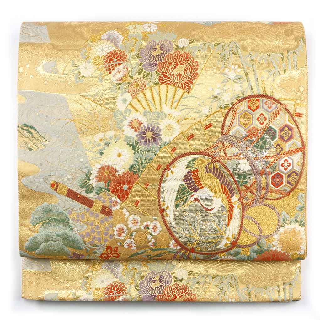 袋帯 リサイクル帯 幅31cm 長さ421cm レディース 花柄 秋冬春用 正絹（シルク）ゴールド 美品 リメイク リユース【ランクA】