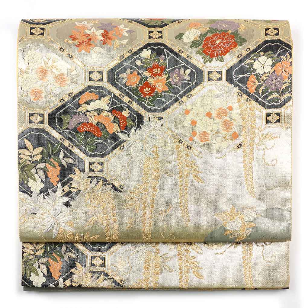 袋帯 リサイクル帯 幅31cm 長さ428cm レディース 蜀江 秋冬春用 正絹（シルク）ゴールド 美品 リメイク リユース【ランクA】