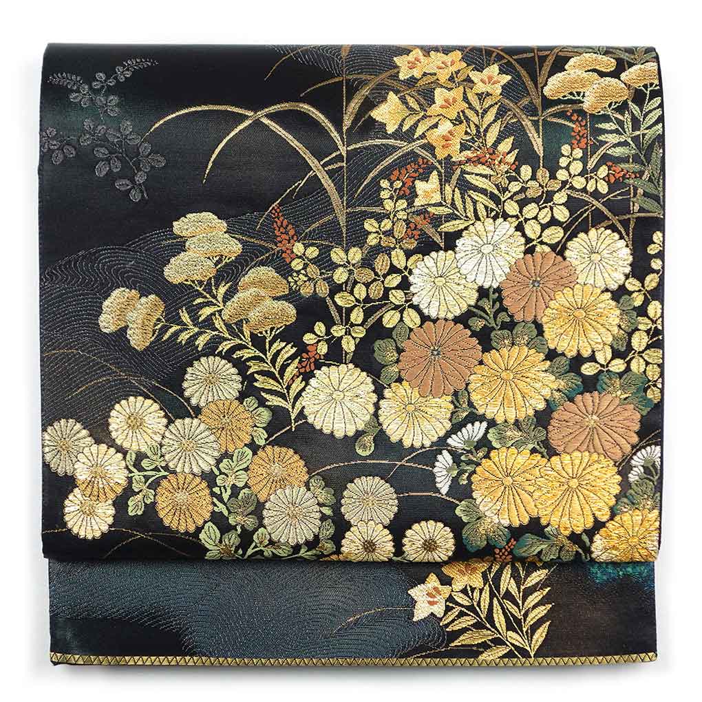 袋帯 リサイクル帯 幅30.5cm 長さ438cm レディース 花柄 秋冬春用 正絹（シルク）ブラック 美品 リメイク リユース【ランクA】