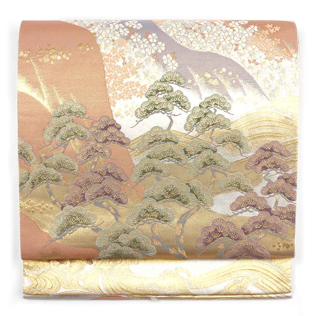 袋帯 リサイクル帯 幅30.5cm 長さ430cm レディース 松 秋冬春用 正絹（シルク）ゴールド 美品 リメイク リユース【ランクA】
