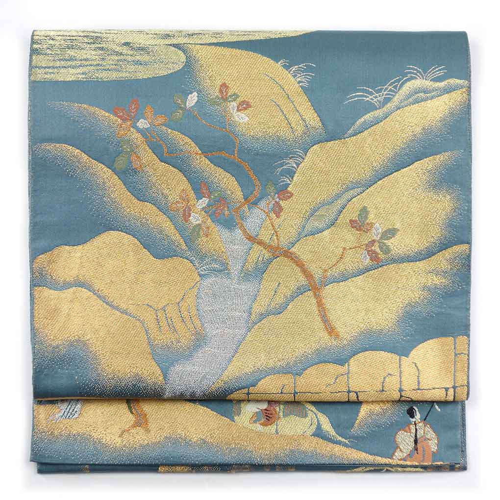 袋帯 リサイクル帯 幅30.5cm 長さ418cm レディース 風景画 秋冬春用 正絹（シルク）ブルー やや難 リメイク リユース【ランクB】