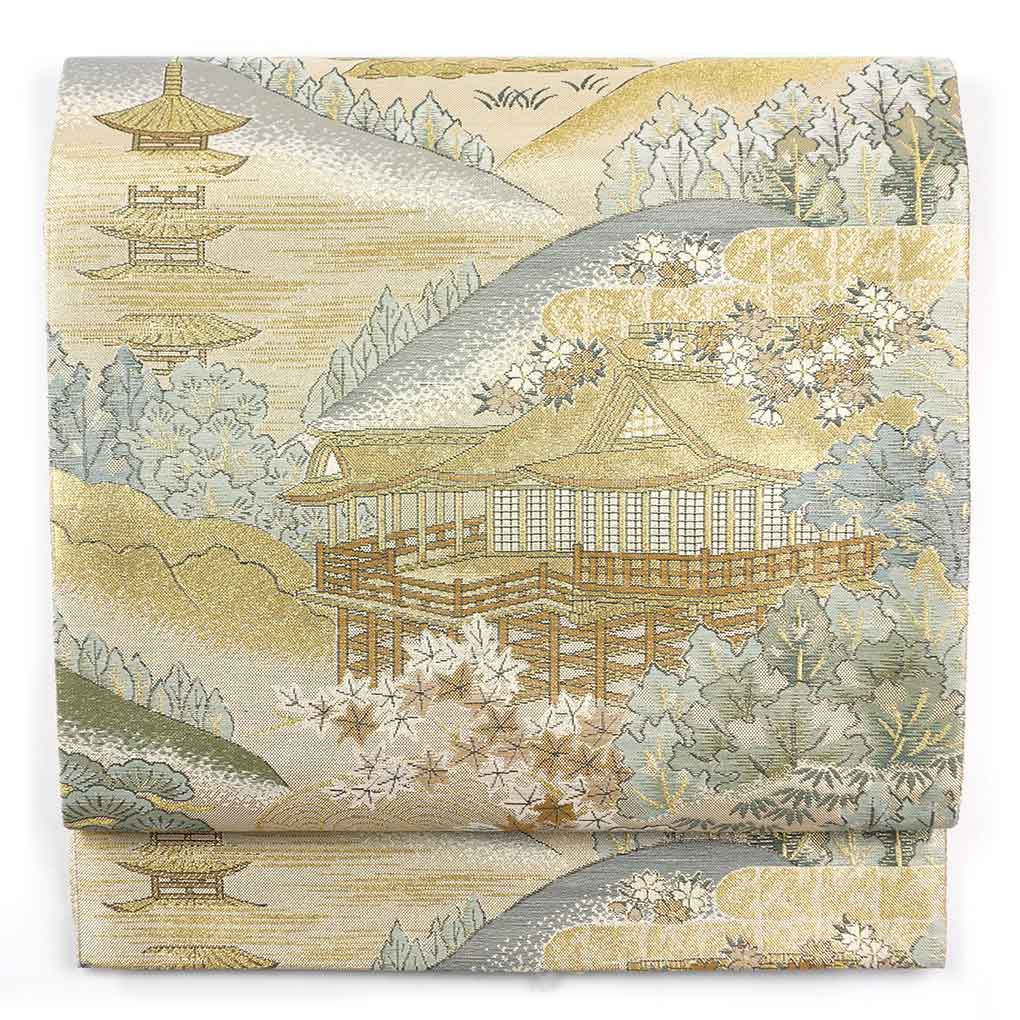 袋帯 リサイクル帯 幅31cm 長さ429cm レディース 風景画 秋冬春用 正絹（シルク）ゴールド 美品 リメイク リユース【ランクA】