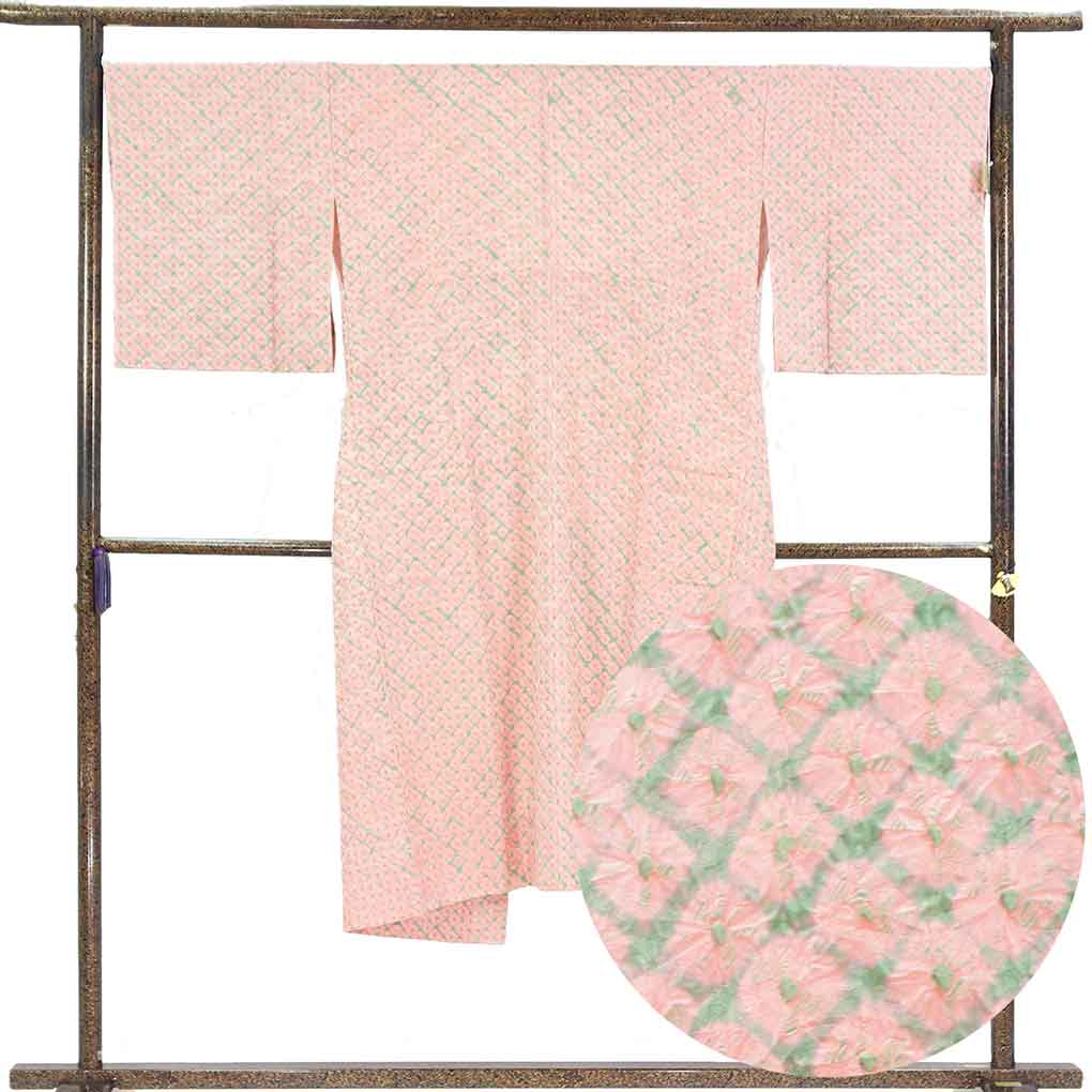 長襦袢 リサイクル着物 襦袢丈132cm 裄69cm 袖丈48cm 袖幅34cm レディース 袷 絞り 裄長 裄L-LLサイズ 秋冬春用 正絹（シルク）ピンク 未使用品 リメイク リユース【ランクS】