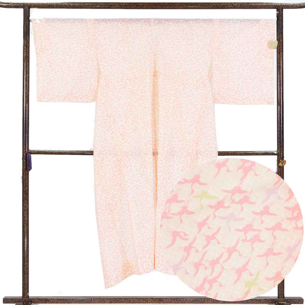 長襦袢 リサイクル着物 襦袢丈144cm 裄68cm 袖丈49cm 袖幅34cm レディース 単衣 鶴 裄長 裄Lサイズ 初夏・初秋用 ウール ピンク 美品 リメイク リユース【ランクA】