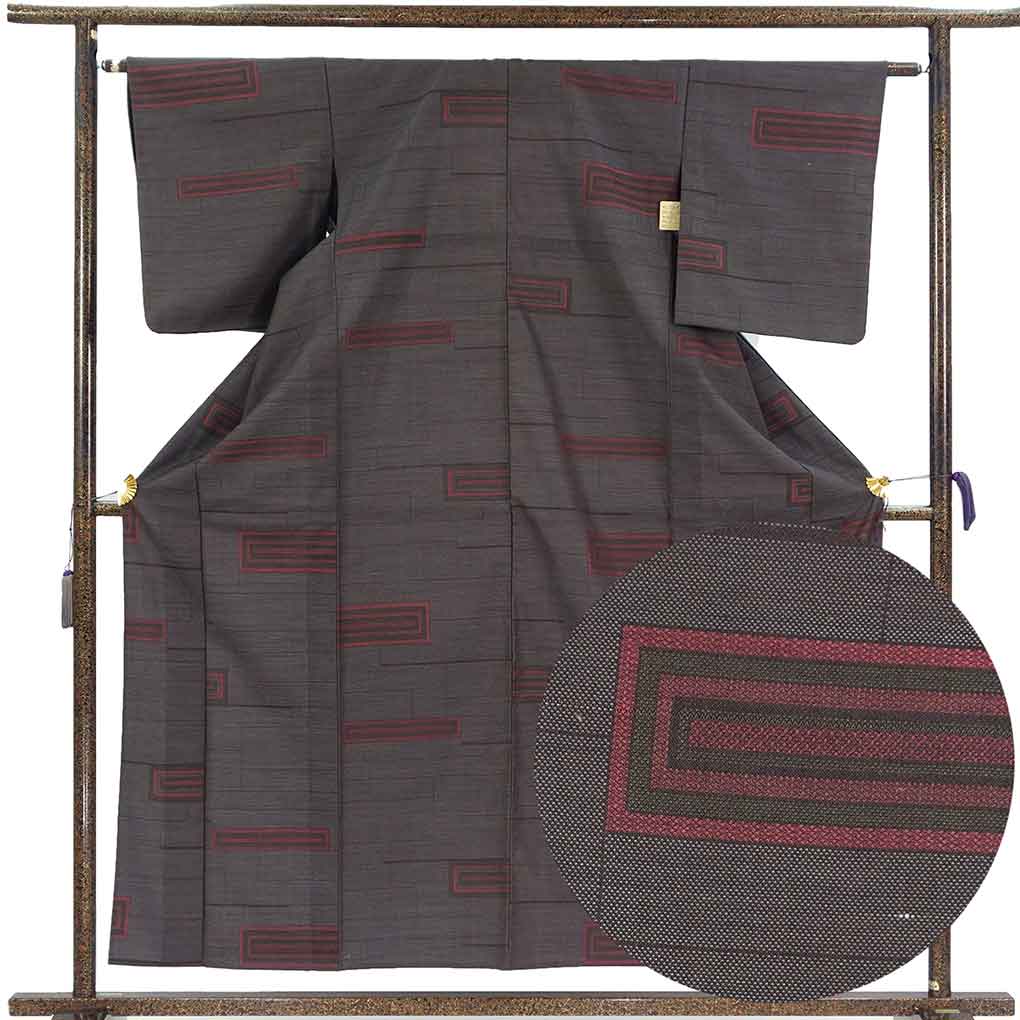 ウール着物 リサイクル着物 身丈157cm 裄63cm 前幅23cm 後幅30cm 袖丈49cm 袖幅32cm レディース 単衣 連続模様 裄Mサイズ 秋冬春用 ウール ブラウン 美品 リメイク リユース【ランクA】