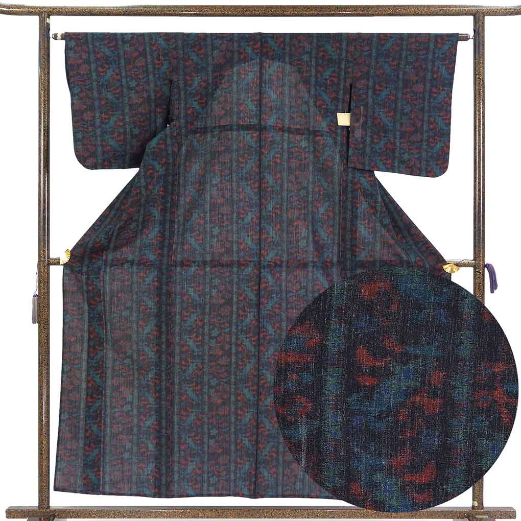 ウール着物 リサイクル着物 身丈159cm 裄63cm 前幅22.5cm 後幅29cm 袖丈49cm 袖幅33cm レディース 単衣 抽象柄 裄Mサイズ 秋冬春用 ウール ブラック 美品 リメイク リユース【ランクA】