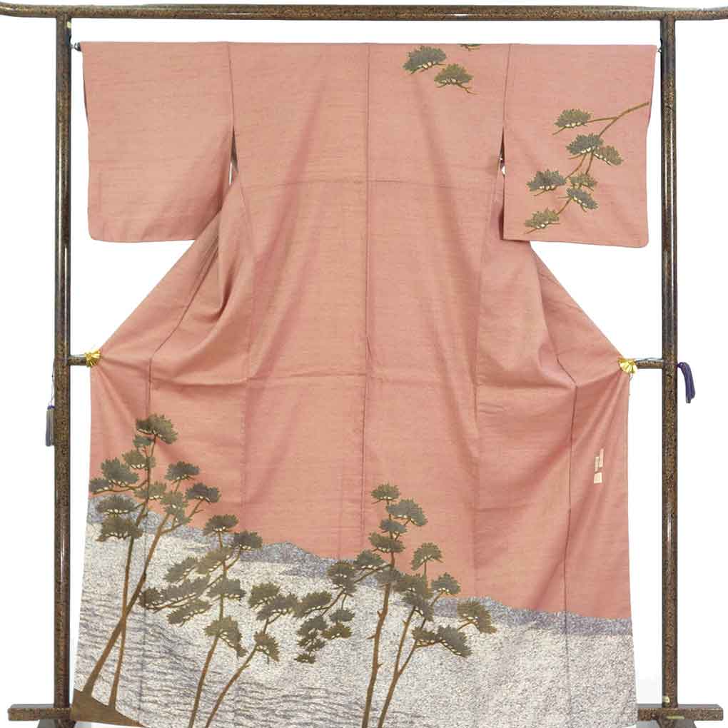 訪問着 リサイクル着物 身丈166cm 裄67cm 前幅22.5cm 後幅28cm 袖丈49cm 袖幅33cm レディース 袷 松 裄長 裄Lサイズ 秋冬春用 正絹（シルク）ピンク トールサイズ 未使用品 作家もの リメイク リユース【ランクS】