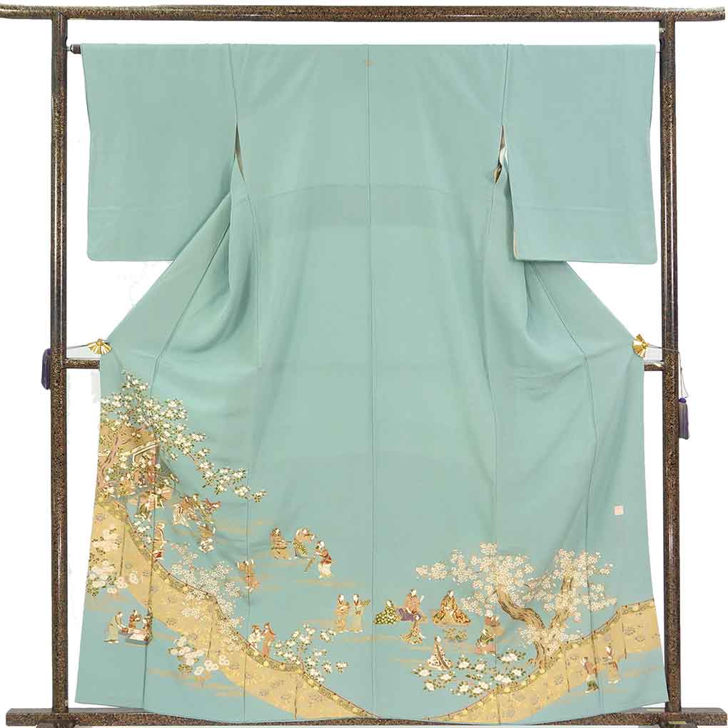 色留袖 リサイクル着物 身丈162cm 裄67cm 前幅24cm 後幅30cm 袖丈52cm 袖幅34cm レディース 袷 刺繍 裄長 裄Lサイズ 秋冬春用 正絹（シルク）ブルー 美品 リメイク リユース【ランクA】