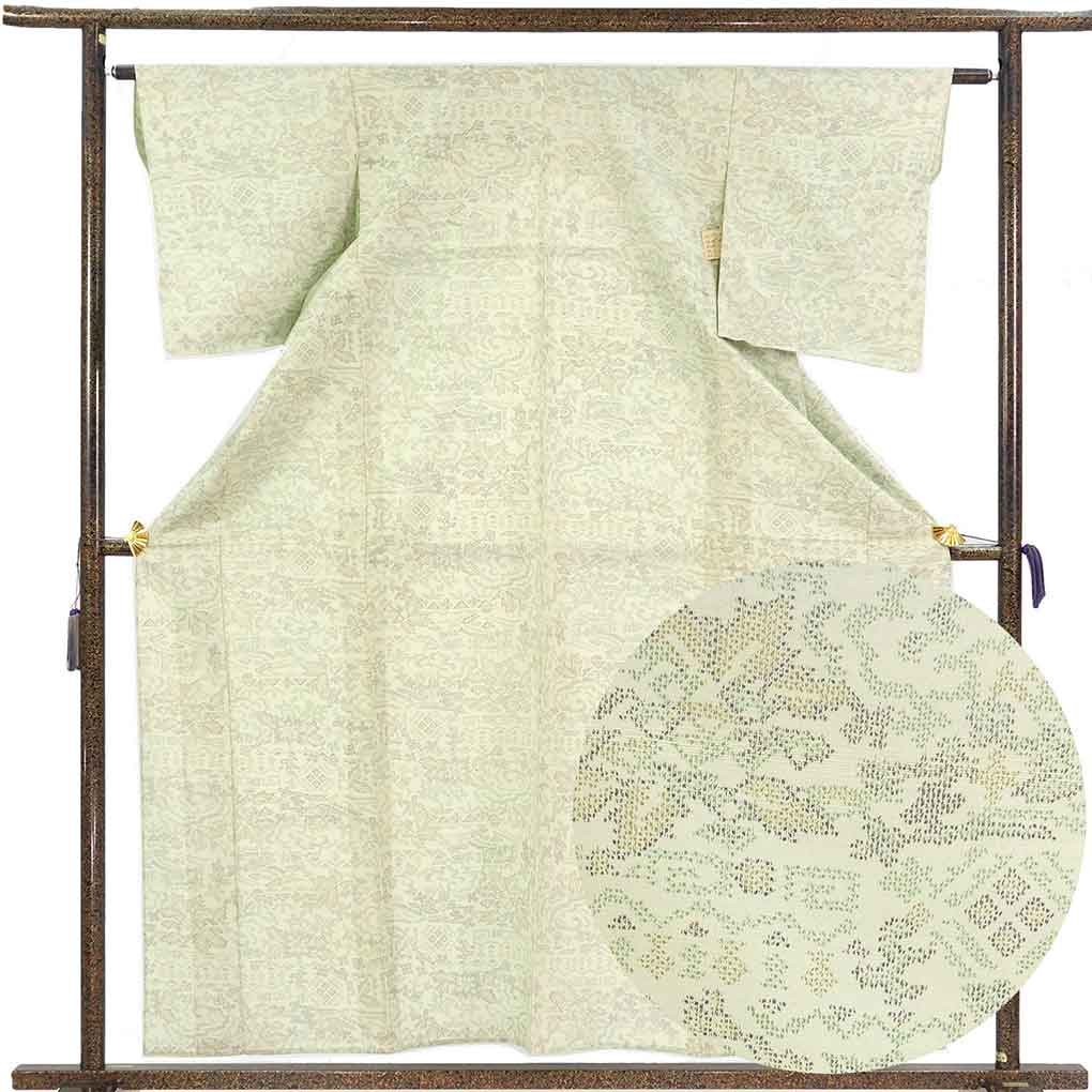 紬 リサイクル着物 身丈160cm 裄62.5cm 前幅23cm 後幅30cm 袖丈49cm 袖幅32cm レディース 単衣 絣模様 裄Sサイズ 初夏・初秋用 正絹（シルク）グリーン やや難 リメイク リユース【ランクB】