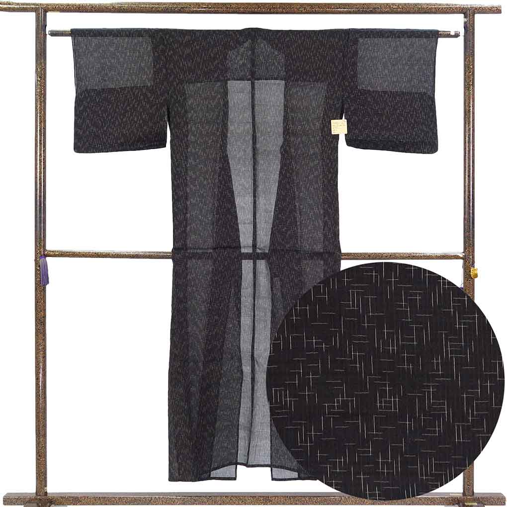 麻着物 リサイクル着物 身丈148cm 裄61cm 前幅22cm 後幅30cm 袖丈42cm 袖幅30cm レディース 絣模様 裄Sサイズ 夏用 麻 ブラック やや難 リメイク リユース【ランクB】