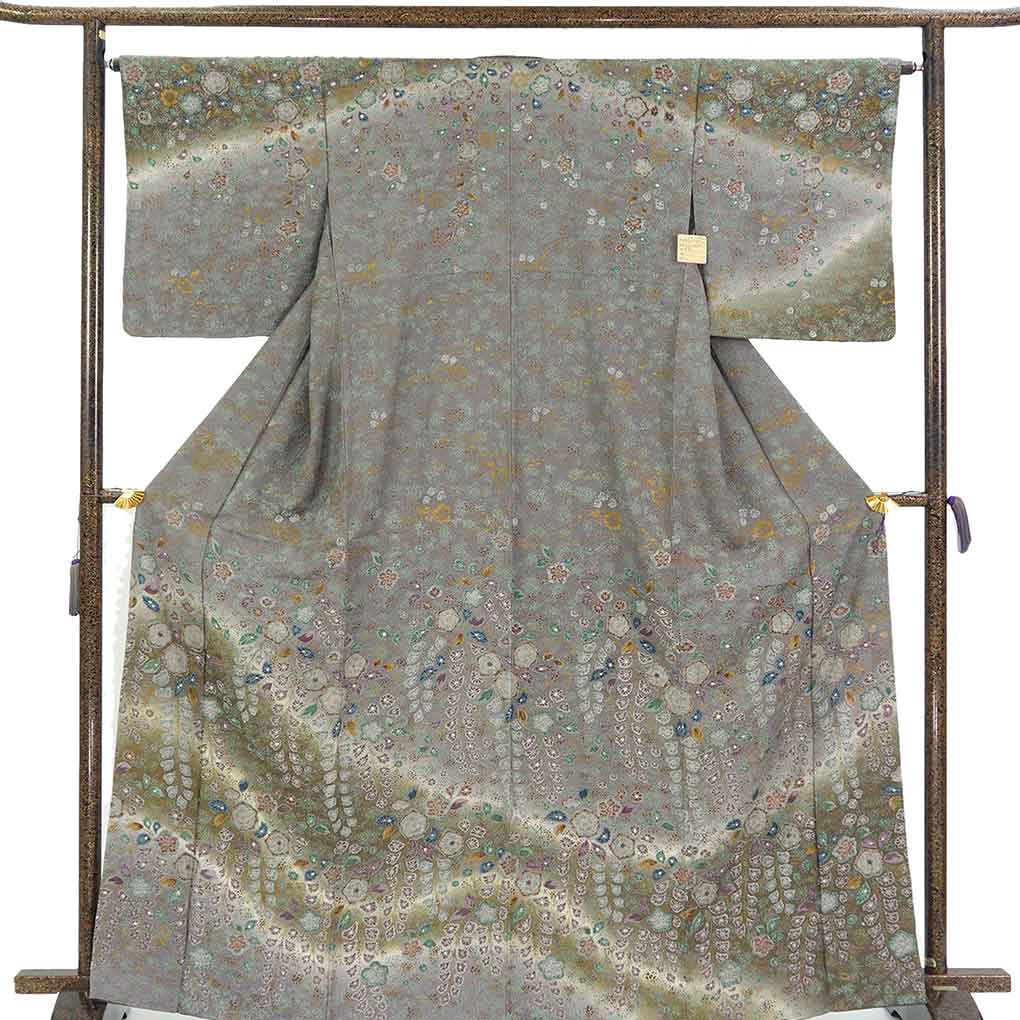 訪問着 リサイクル着物 身丈167cm 裄66cm 前幅25cm 後幅30cm 袖丈49cm 袖幅33cm レディース 袷 花柄 裄長 裄M-Lサイズ 秋冬春用 正絹（シルク）グレー トールサイズ 未使用品 リメイク リユース【ランクS】