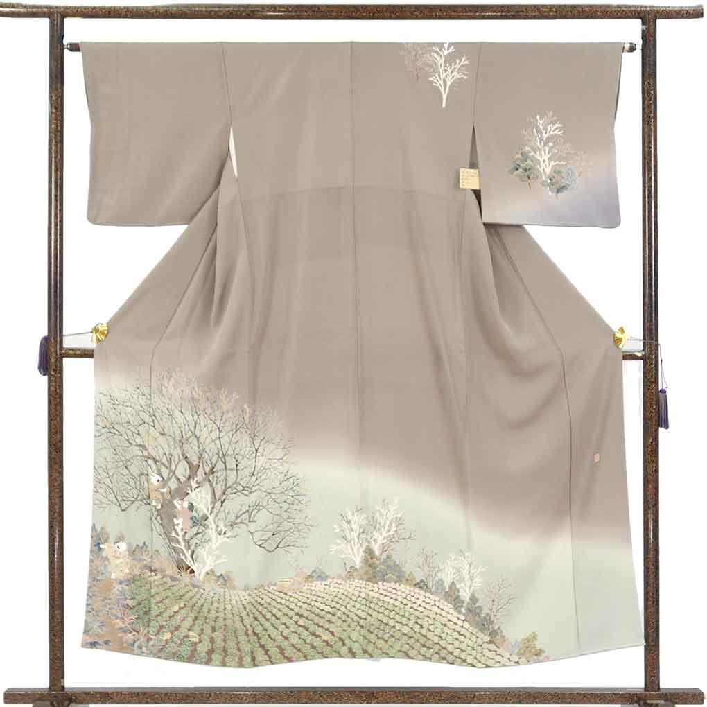 訪問着 リサイクル着物 身丈152cm 裄64cm 前幅25cm 後幅28cm 袖丈45cm 袖幅33cm レディース 袷 風景画 裄Mサイズ 秋冬春用 正絹（シルク）ブラウン やや難 作家もの リメイク リユース【ランクB】