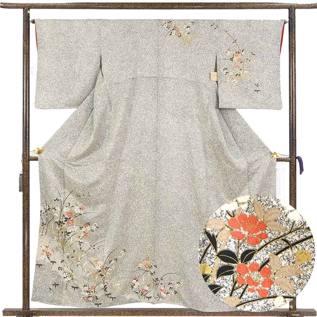 訪問着 リサイクル着物 身丈157cm 裄66cm 前幅24cm 後幅29cm 袖丈49cm 袖幅33cm レディース 袷 花柄 裄長 裄M-Lサイズ 秋冬春用 正絹（シルク）ホワイト 美品 リメイク リユース【ランクA】
