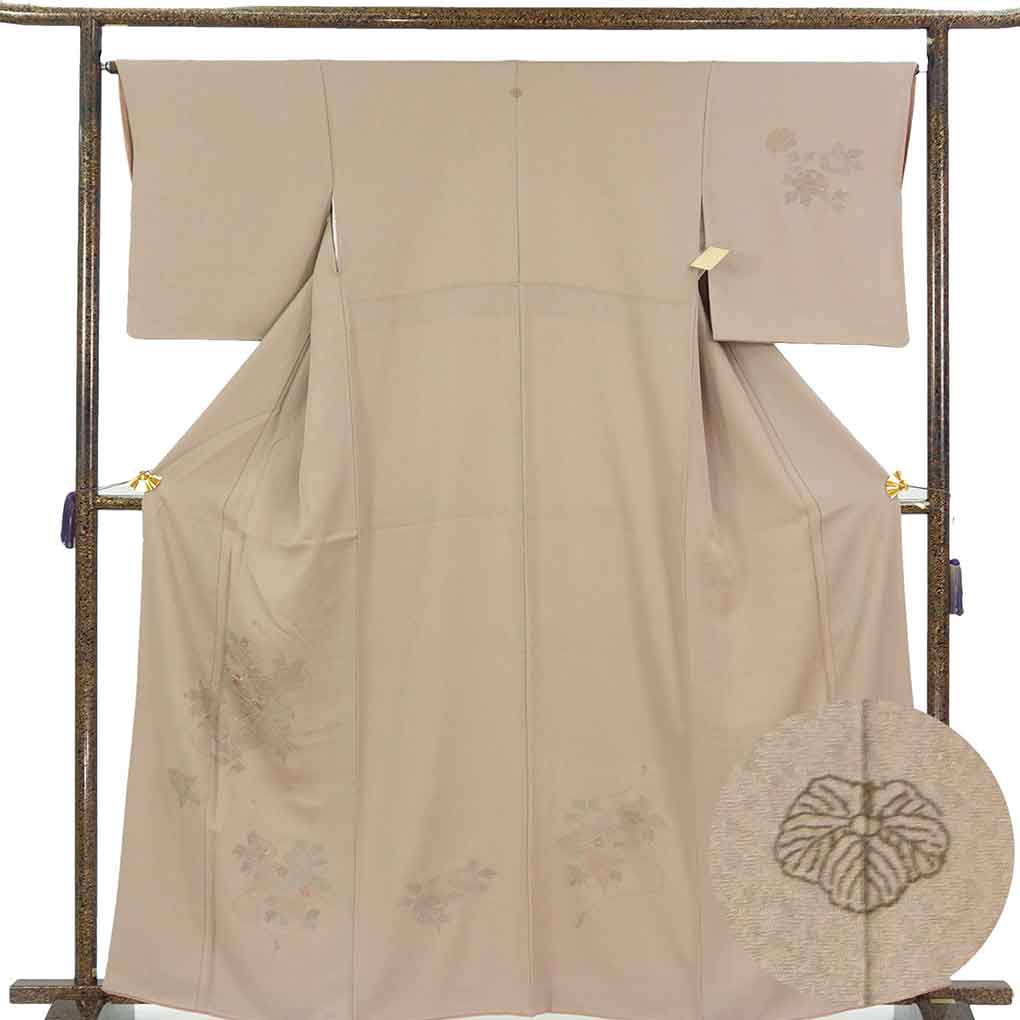 訪問着 リサイクル着物 身丈164cm 裄66cm 前幅26cm 後幅30cm 袖丈49cm 袖幅33cm レディース 袷 汕頭刺繍 裄長 裄M-Lサイズ 秋冬春用 正絹（シルク）ブラウン トールサイズ やや難 リメイク リユース【ランクB】