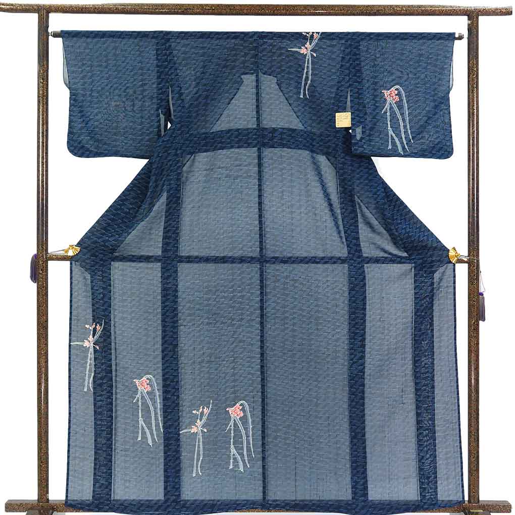付下 リサイクル着物 身丈163cm 裄64cm 前幅23cm 後幅29cm 袖丈45cm 袖幅32.5cm レディース 花柄 裄Mサイズ 夏用 ポリエステル ネイビー 未使用品 リメイク リユース【ランクS】