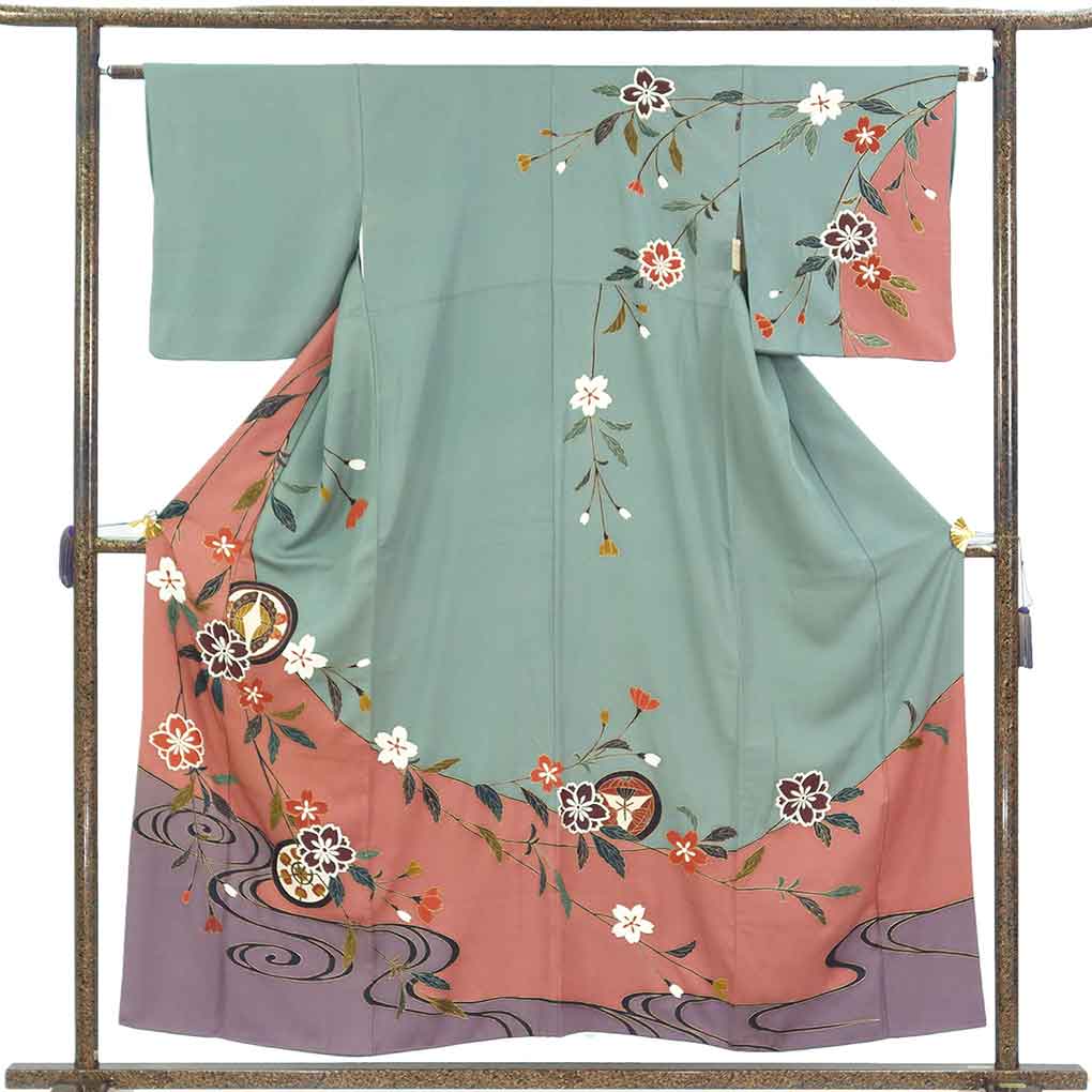 訪問着 リサイクル着物 身丈156cm 裄62cm 前幅24.5cm 後幅30cm 袖丈47cm 袖幅32cm レディース 袷 花柄 裄Sサイズ 秋冬春用 正絹（シルク）グリーン 美品 リメイク リユース【ランクA】