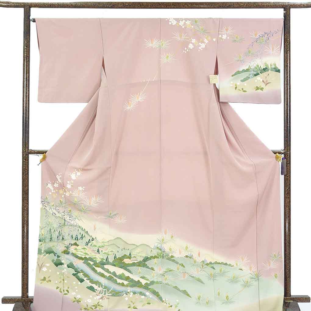 訪問着 リサイクル着物 身丈171cm 裄67.5cm 前幅25cm 後幅30cm 袖丈49cm 袖幅34cm レディース 胴抜裾八掛 風景画 裄長 裄Lサイズ 秋冬春用 正絹（シルク）ピンク トールサイズ やや難 リメイク リユース【ランクB】