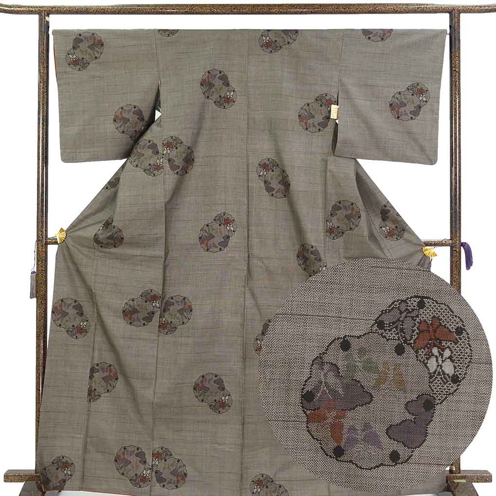 紬 リサイクル着物 身丈168cm 裄66cm 前幅24cm 後幅30cm 袖丈49cm 袖幅34cm レディース 袷 雪輪 裄長 裄M-Lサイズ 秋冬春用 正絹（シルク）ブラウン トールサイズ 美品 大島紬 リメイク リユース【ランクA】