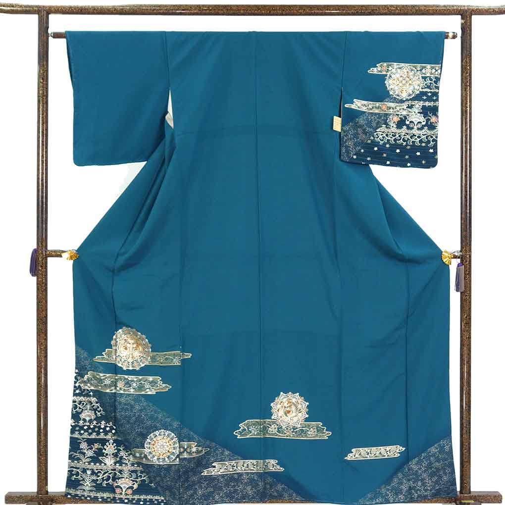 訪問着 リサイクル着物 身丈163cm 裄62cm 前幅23cm 後幅28.5cm 袖丈47cm 袖幅32cm レディース 袷 金彩 裄Sサイズ 秋冬春用 正絹（シルク）ブルー 未使用品 リメイク リユース【ランクS】